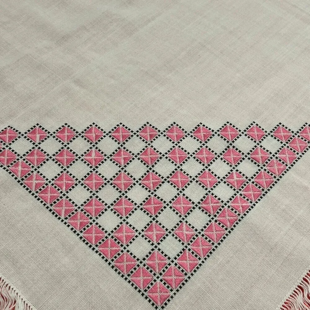 Handmade TableCloth Geometric Embroidery 62 x 85 inches Pink, Black & White